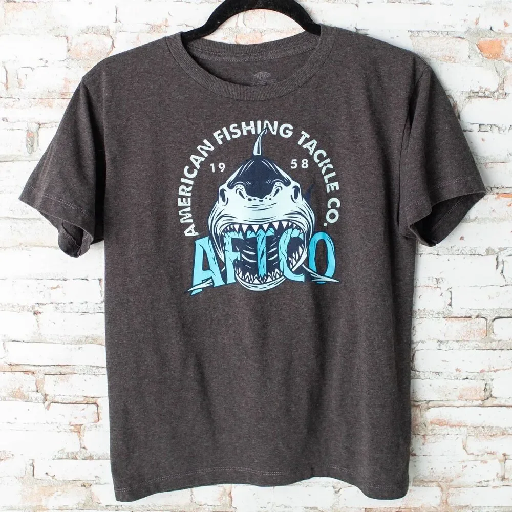 AFTCO American Fishing Tackle Co Shark Graphic T-Shirt Youth Boys Gray Size M
